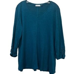Habitat Small Teal V Neck 💯 Linen 3/4 Sleeve Blouse G